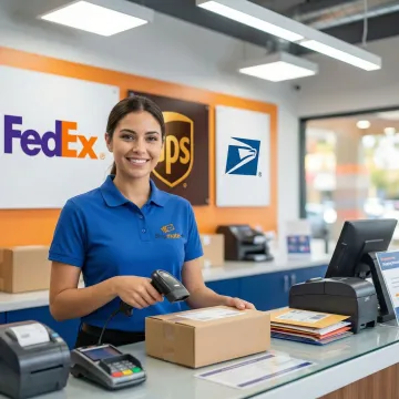 Shipping specialist scanning a package barcode at a multi-carrier shipping counter
