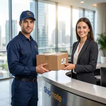 Same-day courier handing over an urgent delivery package to a business recipient in Rochester, NY