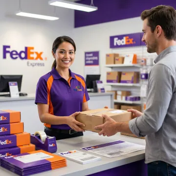 ShipMate+ team member assisting a customer with a FedEx Ground shipment at the Vista, CA store