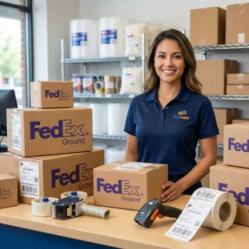 FedEx Ground shipping packages being prepared at a ShipMate+ authorized ship center counter in Vista, CA