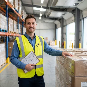 Freight shipping coordinator arranging palletized cargo for carrier pickup