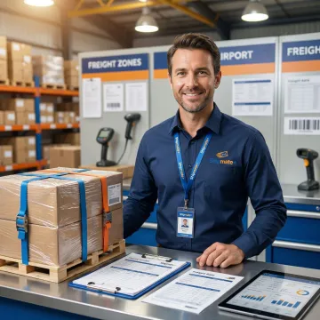 Freight shipping specialist reviewing cargo and rate quotes at a shipping center