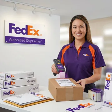 FedEx pickup scheduled at a shipping center counter with packages ready for dispatch