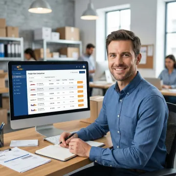 Freight specialist reviewing LTL shipping rates on a computer at a shipping center