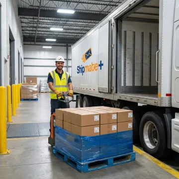 LTL freight shipping — palletized cargo being loaded onto a freight truck
