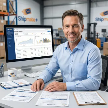 Freight specialist reviewing LTL shipment rates on a computer at a shipping center