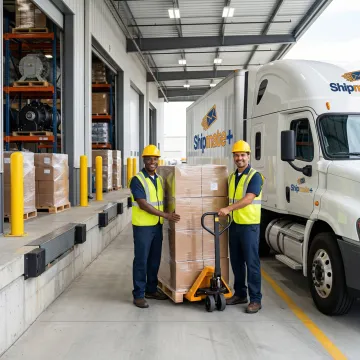 LTL freight shipping — palletized cargo being loaded onto a freight truck at a shipping facility