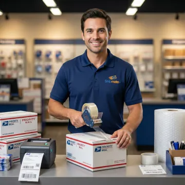 ShipMate+ staff member preparing a USPS Priority Mail package at the Vista, CA store