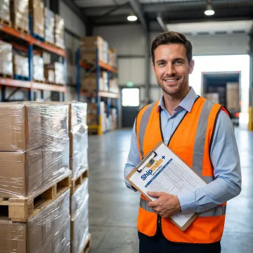 Freight shipping specialist reviewing logistics paperwork beside palletized cargo ready for transport