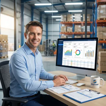 Freight logistics coordinator comparing carrier rates on a computer at a shipping center
