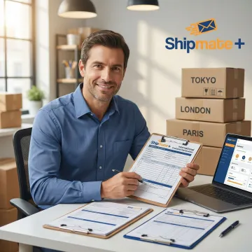 ShipMate+ team member reviewing international customs documents alongside a stack of labeled shipping boxes
