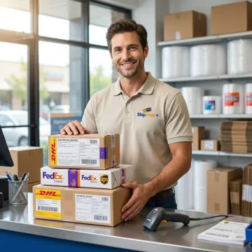 ShipMate+ staff preparing international shipment with customs forms and labeled packages at Vista, CA shipping counter