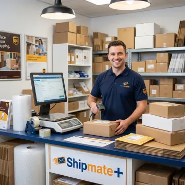 ShipMate+ staff member processing a UPS shipment at a professional shipping counter in Vista, CA