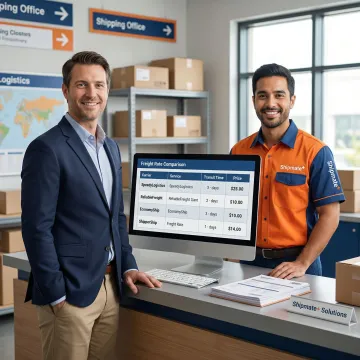 Business owner reviewing freight shipping options with a ShipMate+ specialist at a service counter