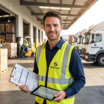 Freight forwarding specialist coordinating large shipment logistics at a shipping facility