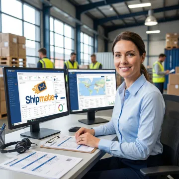 Logistics coordinator managing freight documentation and shipment tracking on a computer