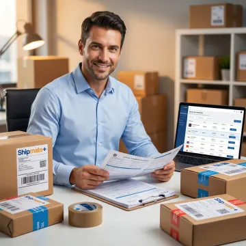 Shipping specialist reviewing international customs paperwork and packaging a box for overseas delivery