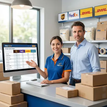 ShipMate+ team member comparing multi-carrier shipping rates on a computer for a business client