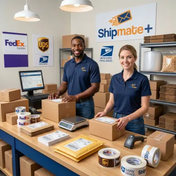 Staff member preparing cargo shipments at a multi-carrier shipping counter