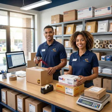 ShipMate+ staff member processing a national and international shipment at the counter