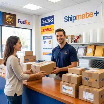 ShipMate+ shipping counters with FedEx, UPS, and USPS carrier options available