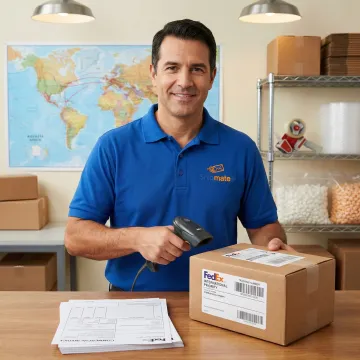 ShipMate+ staff processing a FedEx International Priority shipment at the Vista, CA counter