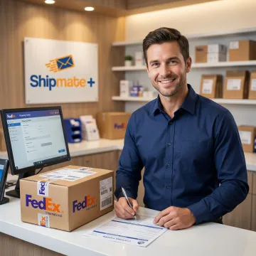 ShipMate+ team member preparing customs documentation for a FedEx International Priority shipment