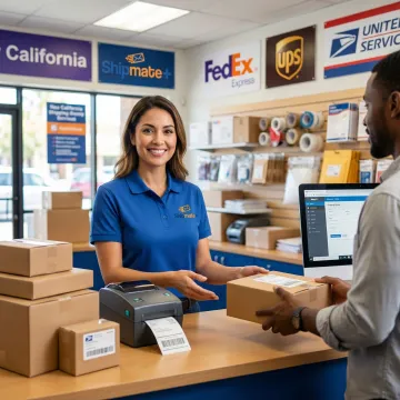 Staff member at a California mailing and shipping service center assisting a customer with packages