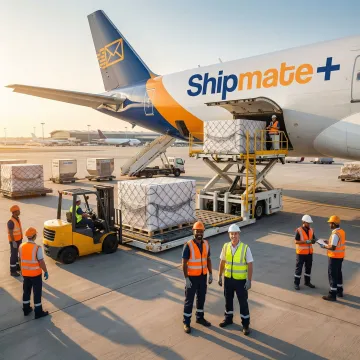 Air freight cargo being loaded onto a commercial aircraft at a busy airport.