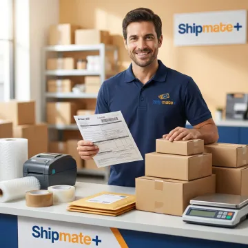 Shipping specialist reviewing air cargo documentation at a professional packing counter.
