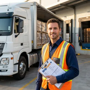 Freight specialist coordinating a full truckload shipment at a shipping facility