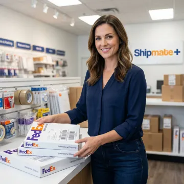 Ecommerce seller preparing FedEx international shipment at a shipping counter