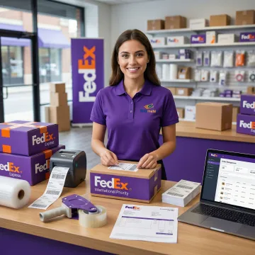 Staff preparing and labeling FedEx international ecommerce packages at a shipping store