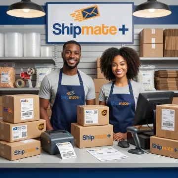 High-volume package shipping counter with FedEx, UPS, and USPS parcels ready for dispatch