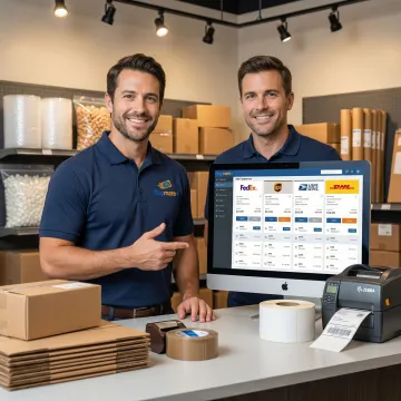 Shipping specialist comparing FedEx, UPS, and USPS rates on a computer screen for a business client