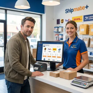 ShipMate+ team member comparing shipping rates on a computer for a small business client