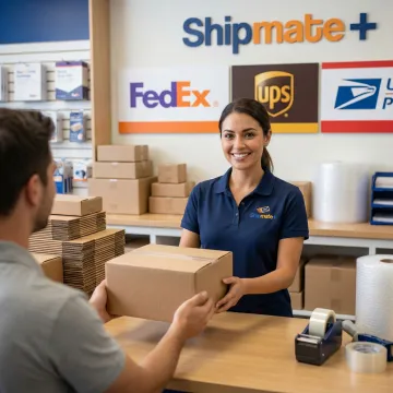 Affordable package shipping service counter with FedEx, UPS, and USPS options available
