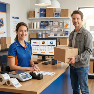 Shipping associate comparing carrier rates on a computer screen for a customer's package