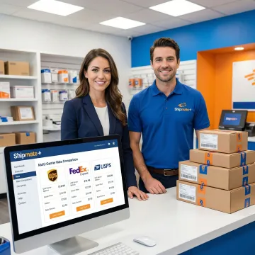 Business owner reviewing bulk shipping rates on a computer at a shipping store
