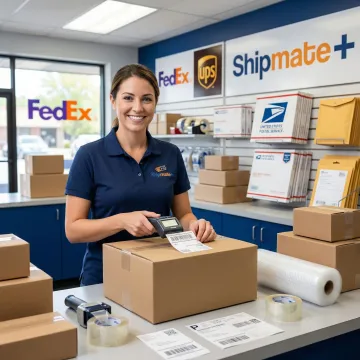 Staff member preparing bulk packages for shipping at a pack and ship store counter