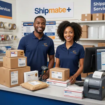 Business owner dropping off multiple parcels at a ShipMate+ shipping counter in Arizona