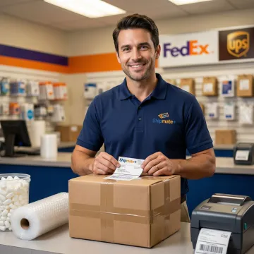 ShipMate+ staff member labeling a securely packed electronics box for carrier pickup