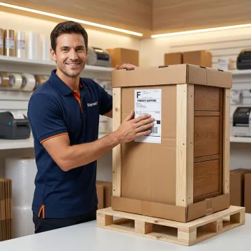 ShipMate+ staff packing and labeling a large furniture item for freight shipping