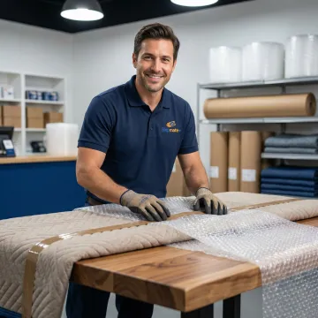 Professional packing and shipping of large furniture items at a shipping store