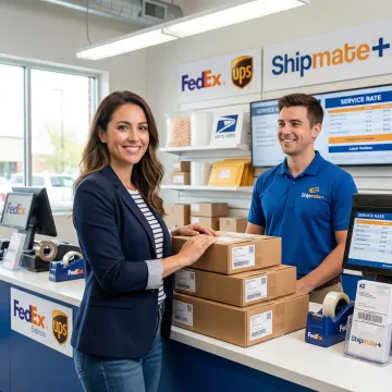 E-commerce seller dropping off labeled packages at a multi-carrier shipping counter