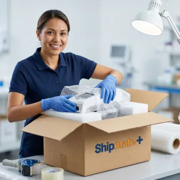 Medical device being carefully wrapped and boxed for shipping at ShipMate+