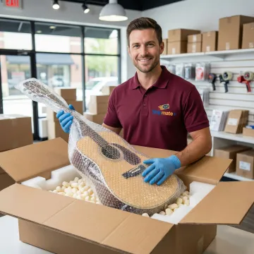 ShipMate+ team member carefully packing a guitar into a double-wall corrugated shipping box