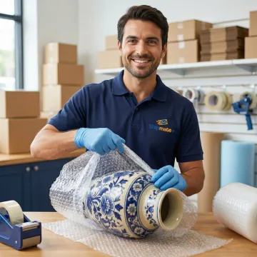 Professional packer carefully wrapping an antique vase for shipping