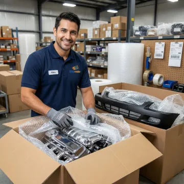 Professional staff packing and shipping automotive parts at a shipping center