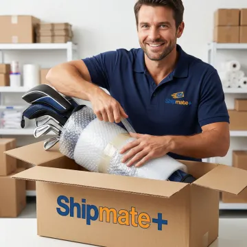 Professional packing of sporting goods equipment including golf clubs and fitness gear at a shipping store